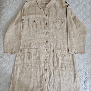 Beige Button-Up Long Sleeve Shirt Dress